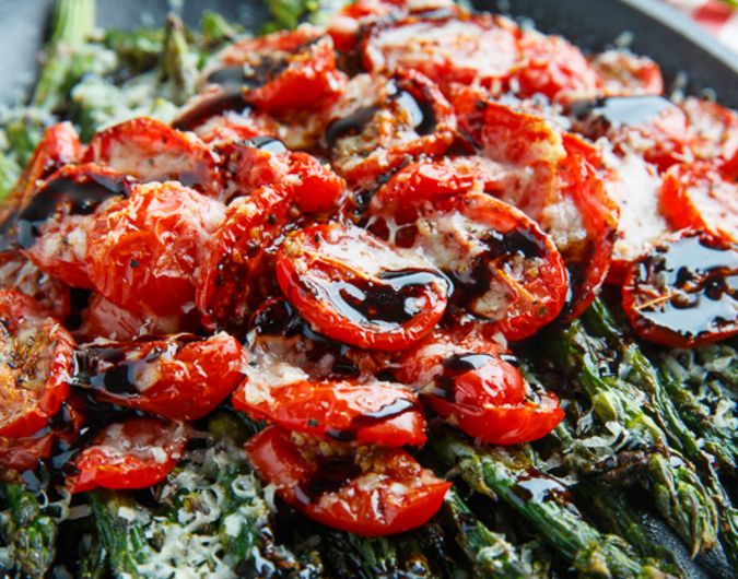 Balsamic Parmesan Roasted Asparagus and Tomatoes