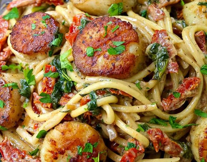 Creamy Tuscan Spaghetti with Jumbo Scallops