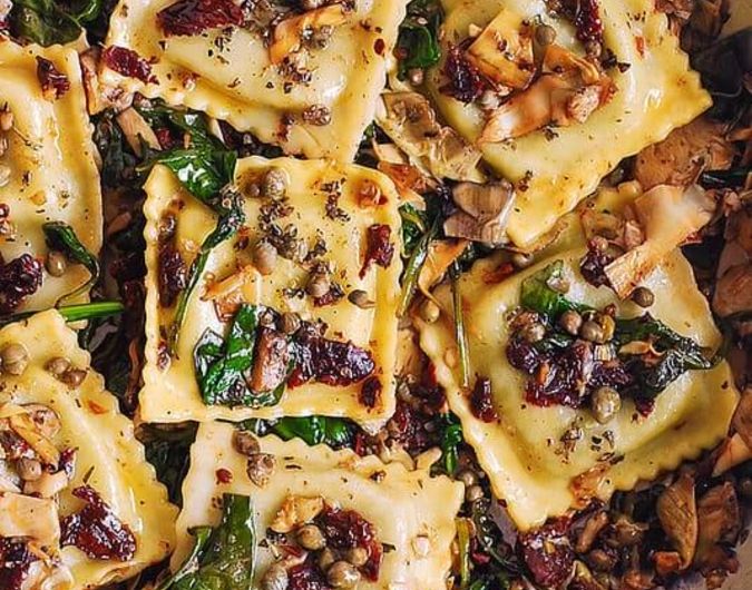 Italian Ravioli with Spinach, Artichokes, Capers, Sun-Dried Tomatoes