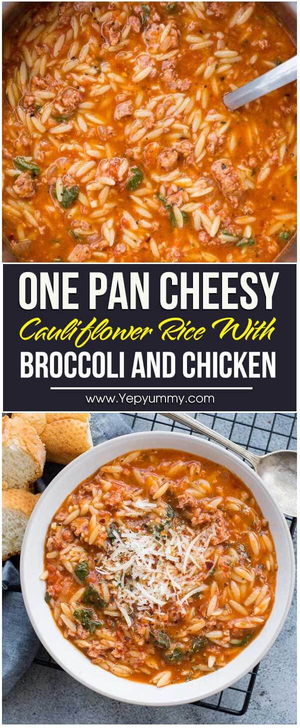 One Pan Cheesy Cauliflower Rice with Broccoli and Chicken