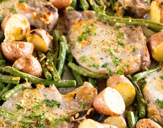 One Pan Parmesan Pork Chops and Veggies