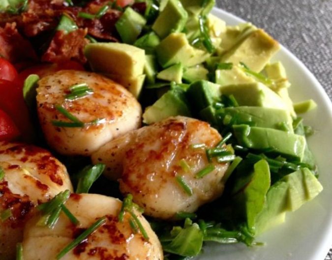 Pan Seared Scallops Over Spinach Cobb Salad