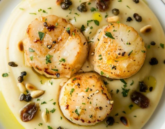 Seared Scallops with Cauliflower Puree, Pine Nuts & Raisins